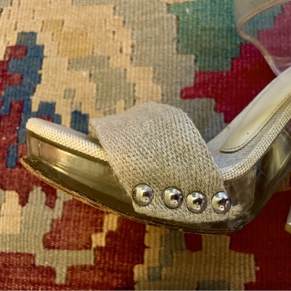 PRADA SP10 Clear PVC Platform Heels Beige Burlap Raffia Strap, sz 38.5 - Picture 11 of 13